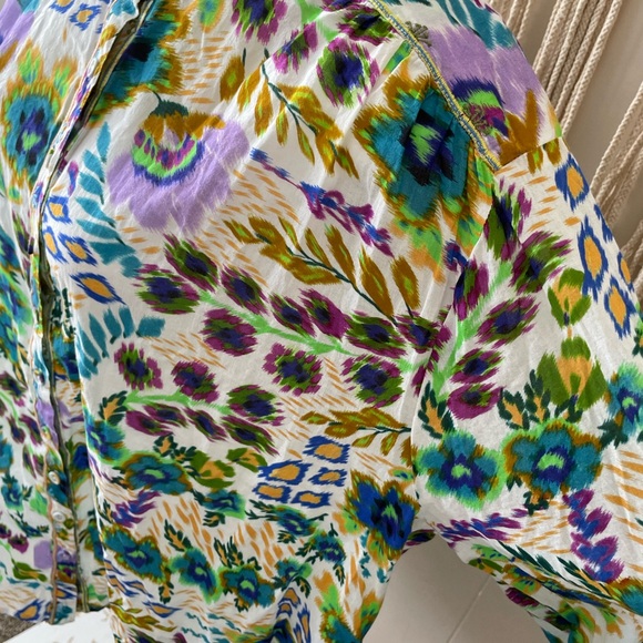 Johnny Was Cotton Ikat Bloom Shirred Yoke Floral Relaxed Drop Shoulder Blouse - Picture 14 of 16
